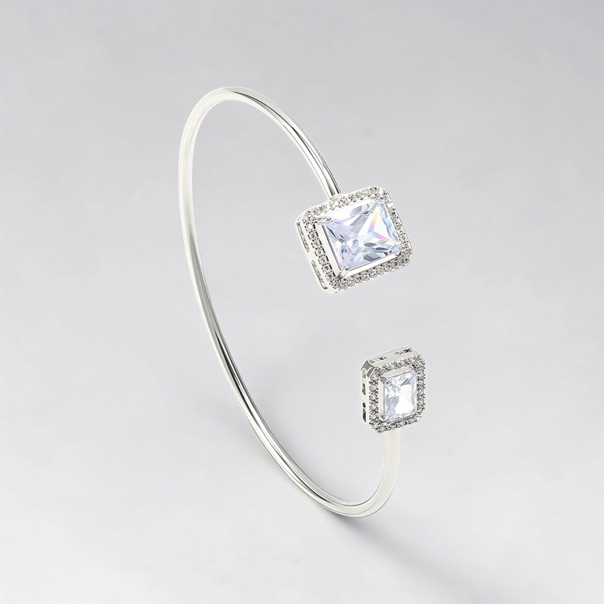 Silver Emerald Cut Cuff Bangle • Dainty Open Square Bracelet • Minimalist Stacking Wire Jewelry • Woman Bracelet • Birthday Gift for Her • Elegant Crystal Cuff