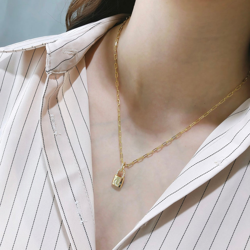Modern Gold Lock Pendant Necklace | 18K Gold Plated Chunky Chain