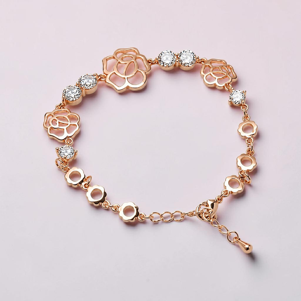 Elegant Rose Gold Hollow Rose Flower Bracelet • Dainty Crystal Floral Charm Bracelets for Women • Gift Idea