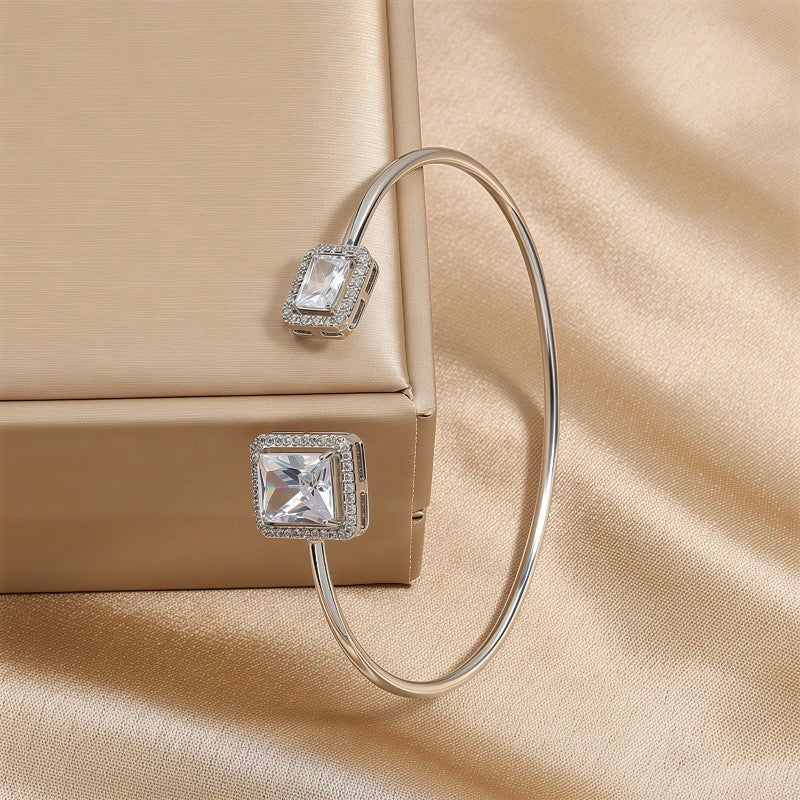 Silver Emerald Cut Cuff Bangle • Dainty Open Square Bracelet • Minimalist Stacking Wire Jewelry • Woman Bracelet • Birthday Gift for Her • Elegant Crystal Cuff