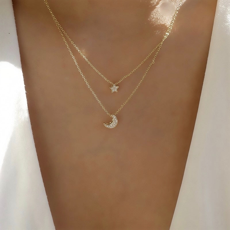 Classic Pavé Crystal Star and Moon Layered Necklace - Gold & Silver Celestial Choker⁠