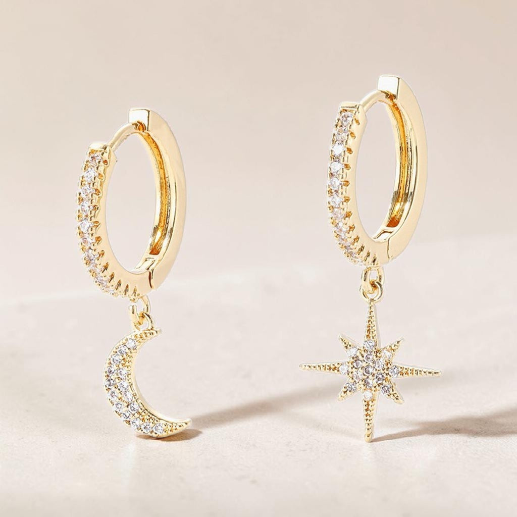 Elegant Star Moon Asymmetric Hoop Earrings