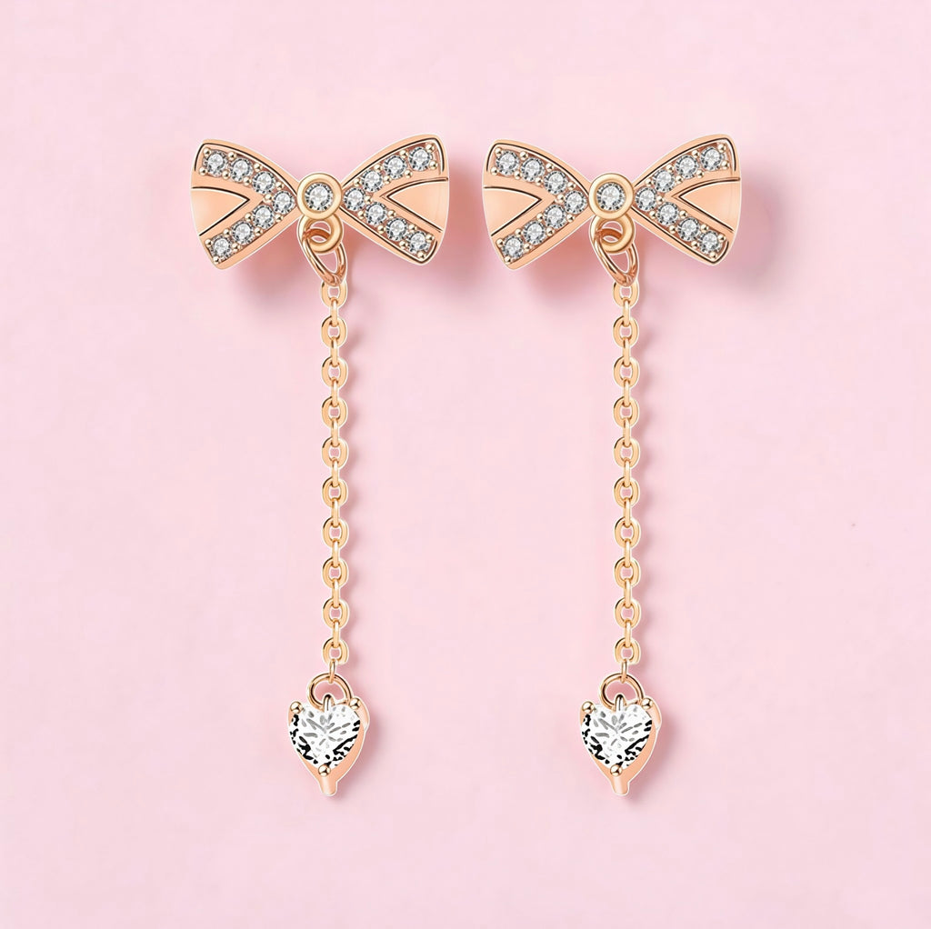 Sterling Silver Bowknot Tassel Earrings • Dainty Bow Drop Studs • Cute Asymmetric Fringe Jewelry • Gift for Her • Minimalist Ribbon Earring