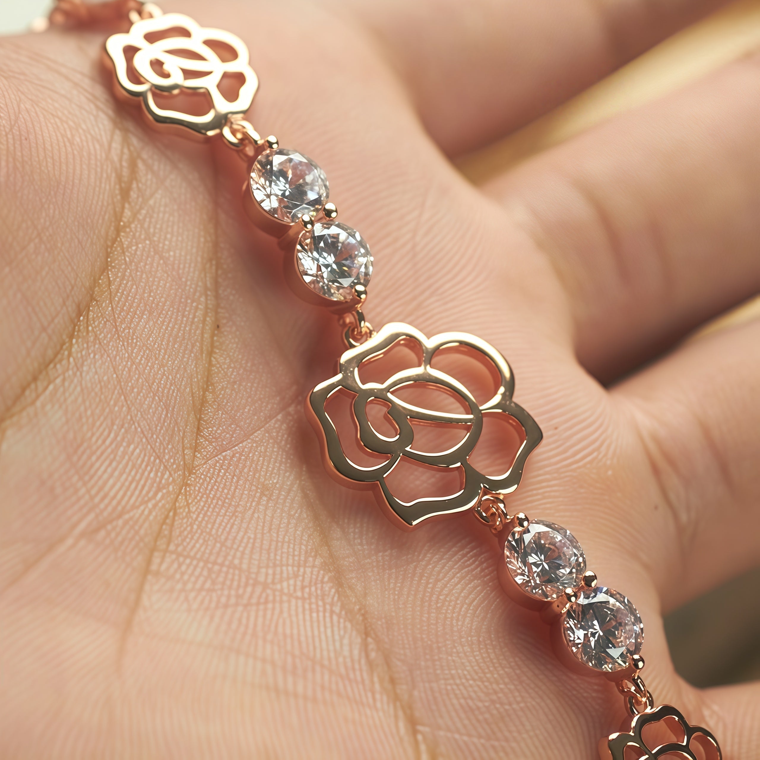 Elegant Rose Gold Hollow Rose Flower Bracelet • Dainty Crystal Floral Charm Bracelets for Women • Gift Idea