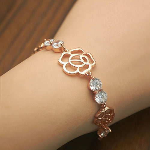 Elegant Rose Gold Hollow Rose Flower Bracelet • Dainty Crystal Floral Charm Bracelets for Women • Gift Idea