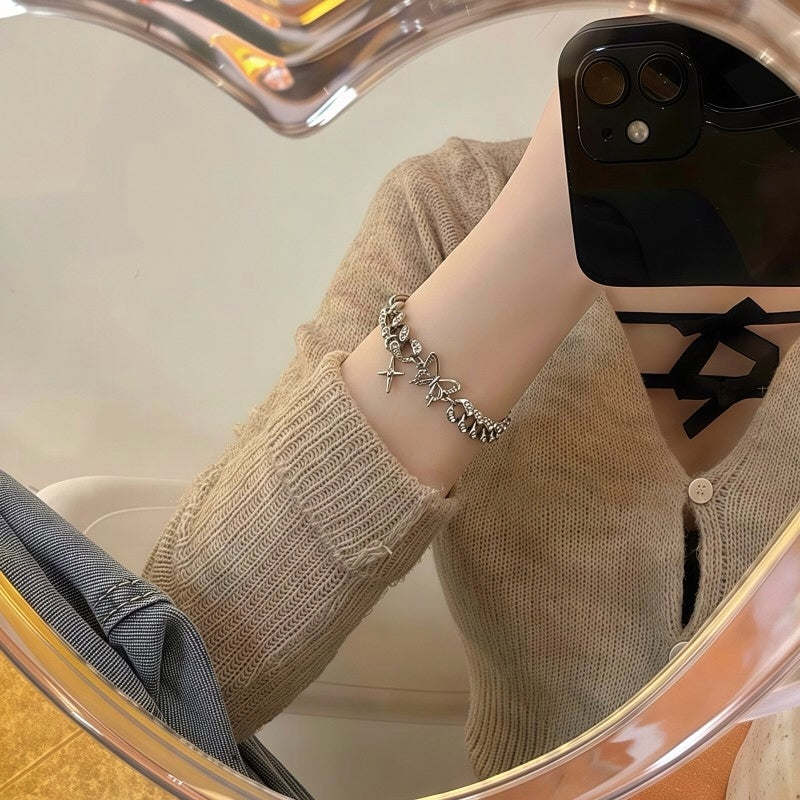Y2K Iced Out Butterfly Star Charm Bracelet | Cyber Grunge Silver Cuban Link Chain⁠