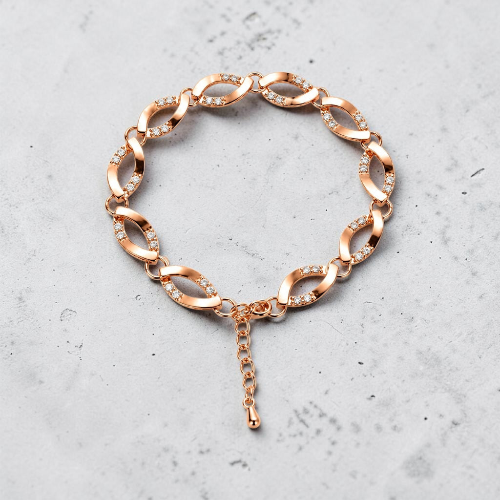 Elegant Rose Gold Twisted Infinity Bracelet • Dainty Geometric Crystal Link Chain for Women