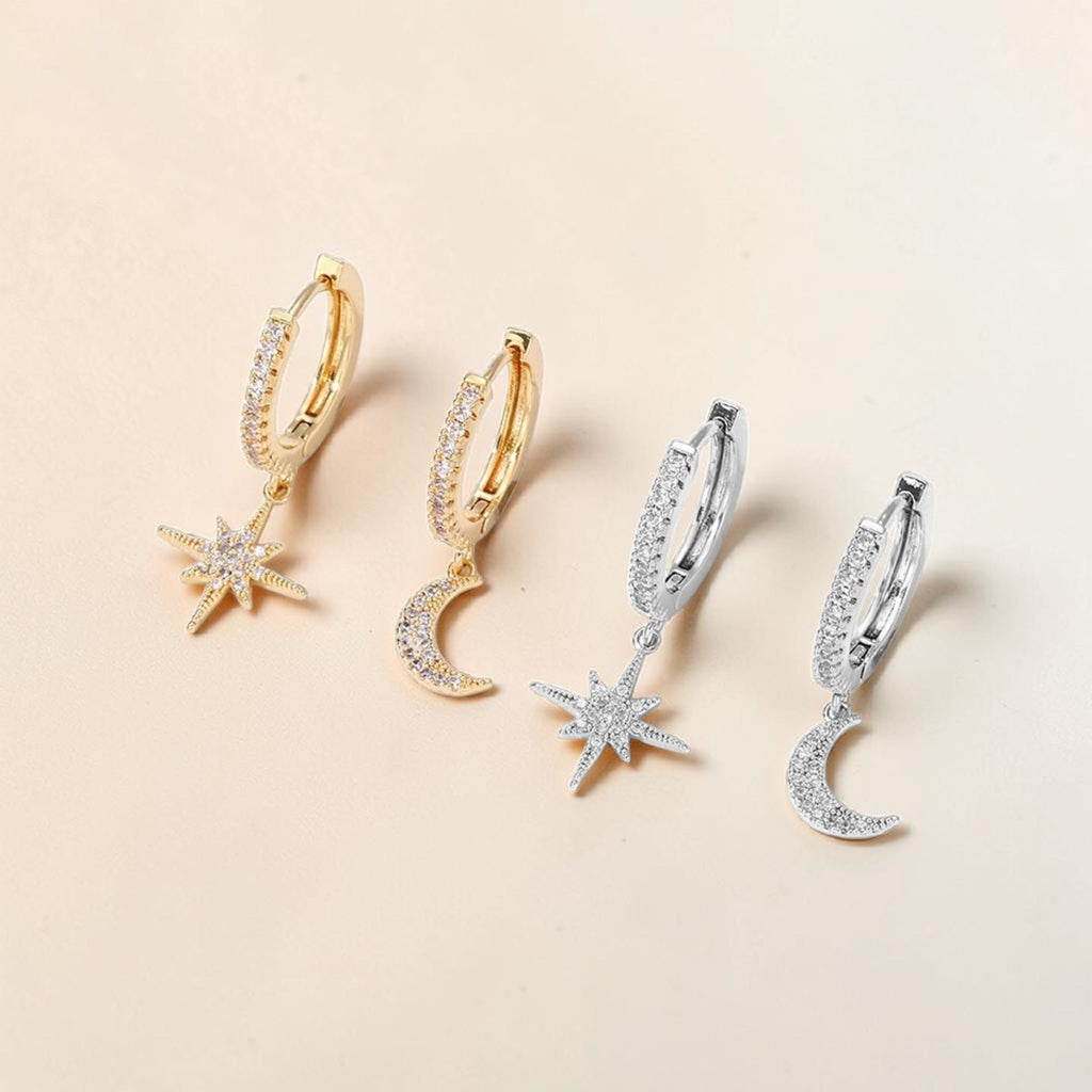 Elegant Star Moon Asymmetric Hoop Earrings