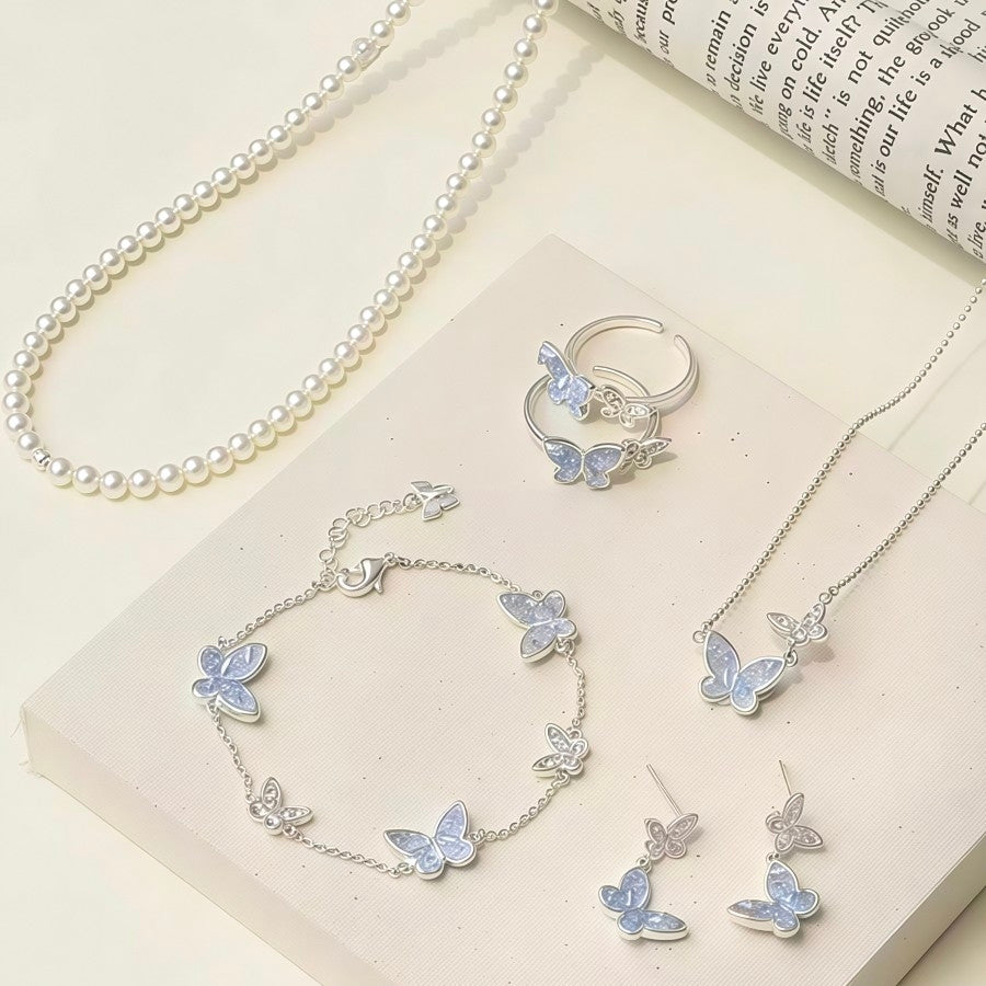 Dainty Blue Crystal Butterfly Necklace Bracelet Earrings | Fairycore Jewelry Set Gift⁠