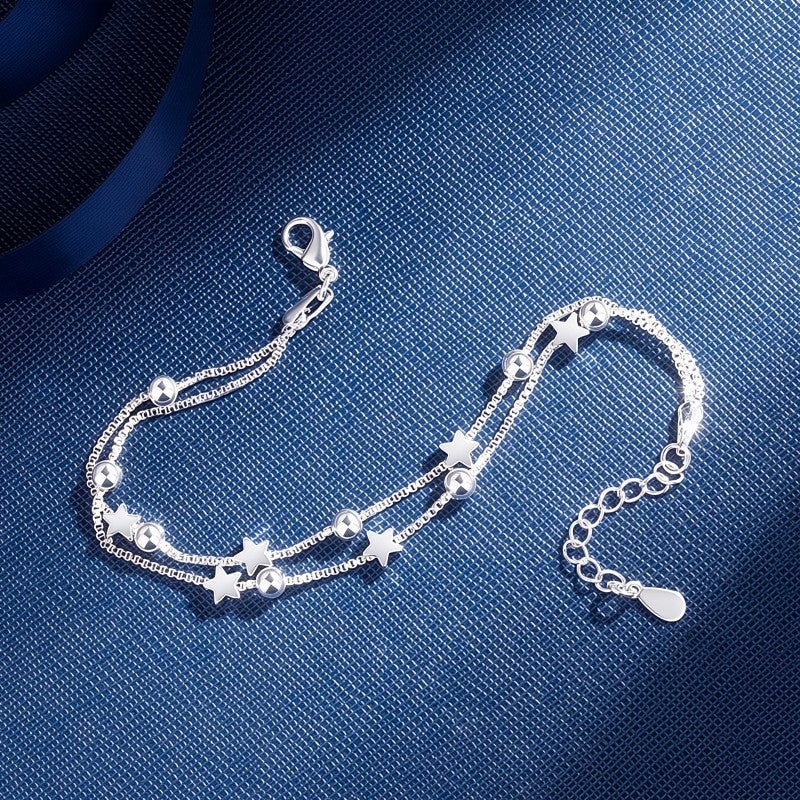 Silver Star Layered Bracelet • Dainty Double Chain Celestial Jewelry • Minimalist Starburst Anklet Bracelets • Friendship Gift for Her