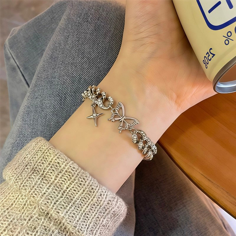 Y2K Iced Out Butterfly Star Charm Bracelet | Cyber Grunge Silver Cuban Link Chain⁠