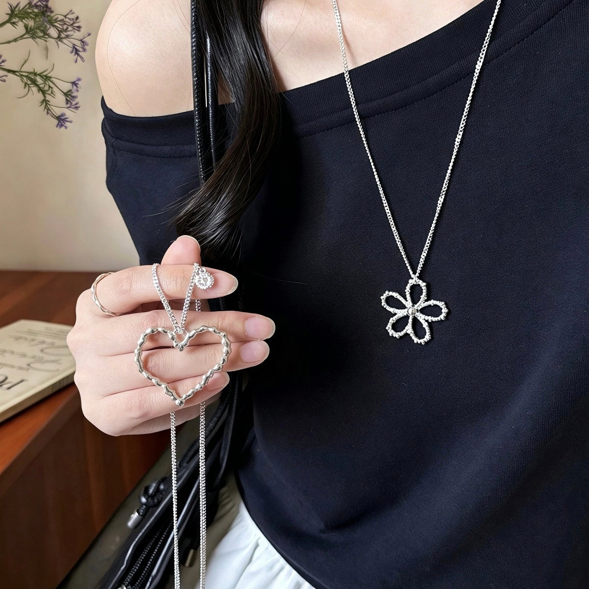 Minimalist Abstract Grunge Charm Necklace - Layering Long Silver Wear for Women⁠