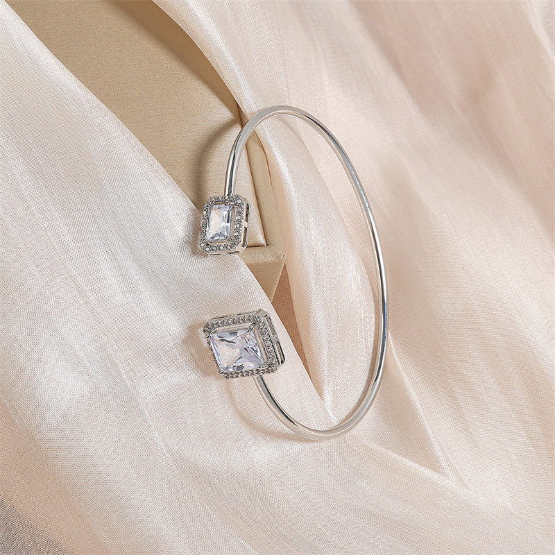 Silver Emerald Cut Cuff Bangle • Dainty Open Square Bracelet • Minimalist Stacking Wire Jewelry • Woman Bracelet • Birthday Gift for Her • Elegant Crystal Cuff